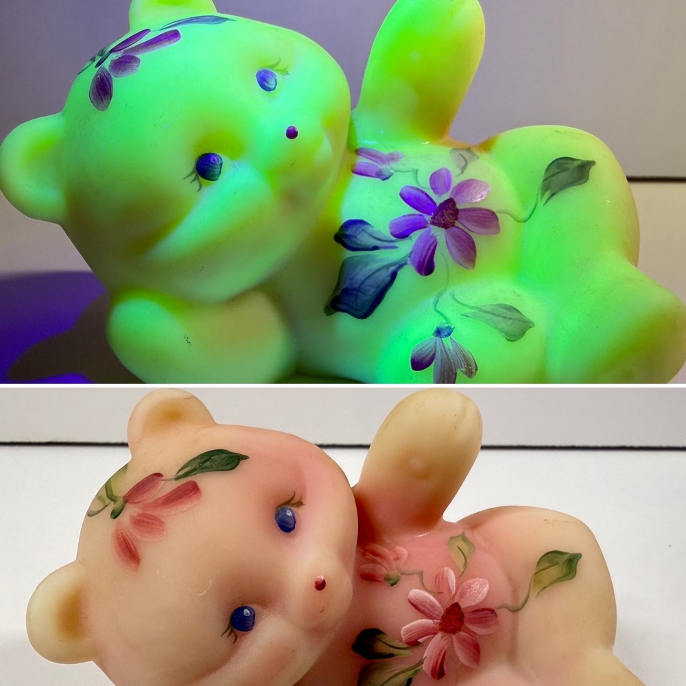 Fenton Burmese Custard Uranium Glass Bear Figure Hand Painted Floral 4" GLOWS